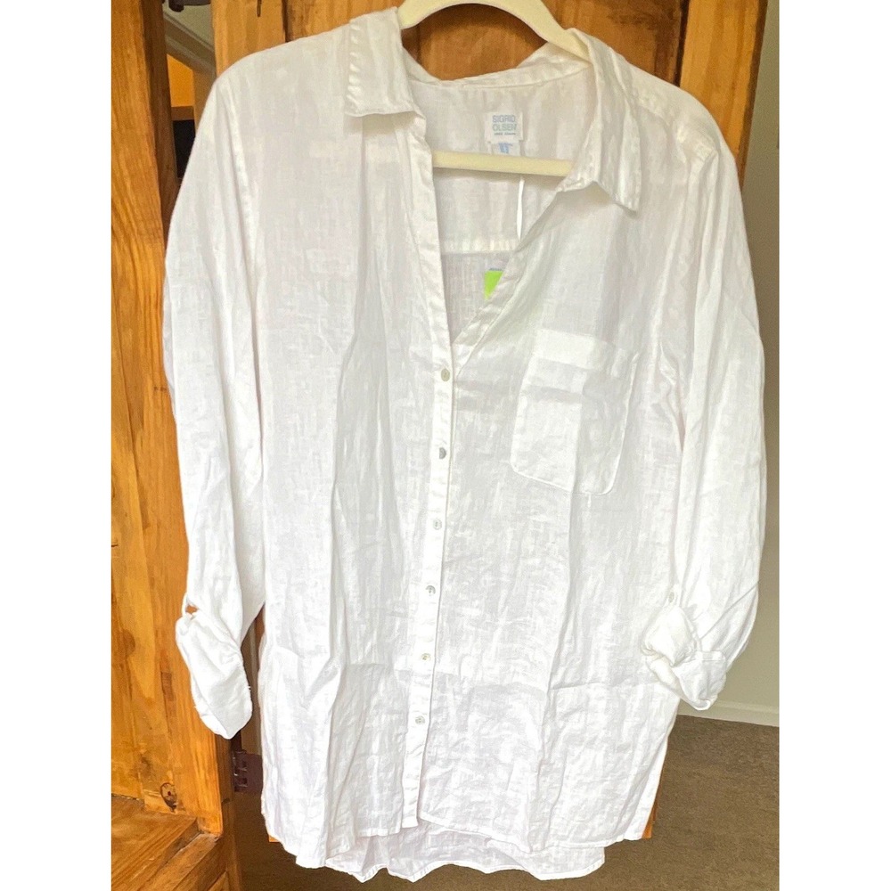 Sigrid Olsen Women's 100% Linen Button-Up Shirt Collared White XL NWT